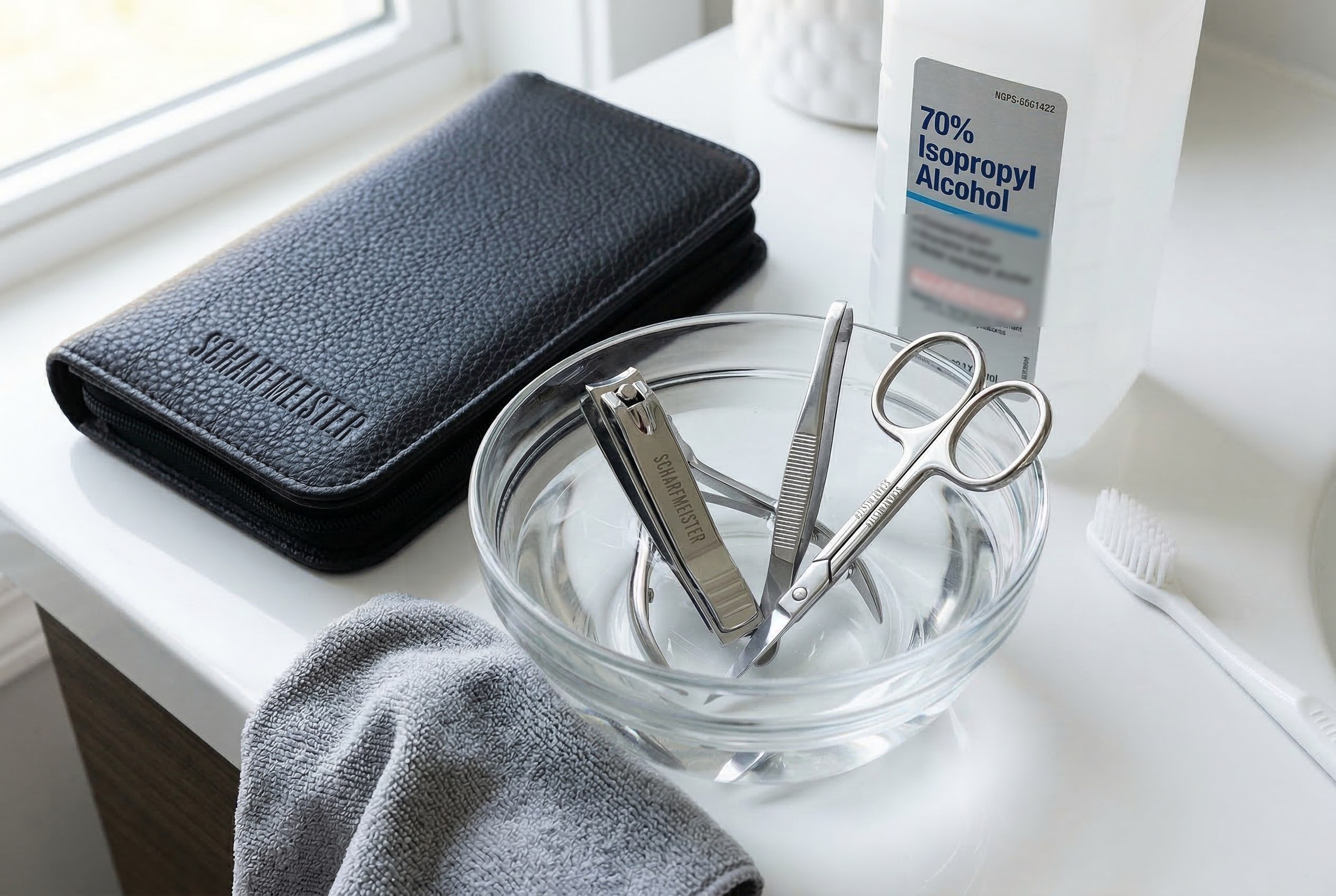 "Sanitizing grooming tools at home: stainless steel nail clippers, scissors, and tweezers soaking in isopropyl alcohol next to a Scharfmeister Pro Series leather kit."