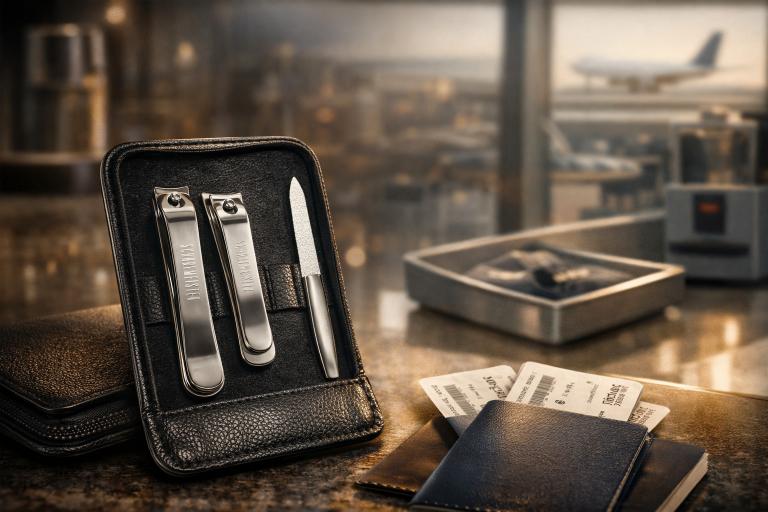 Premium nail clipper set for travel in leather case at airport security with passport and boarding pass, TSA approved grooming tools