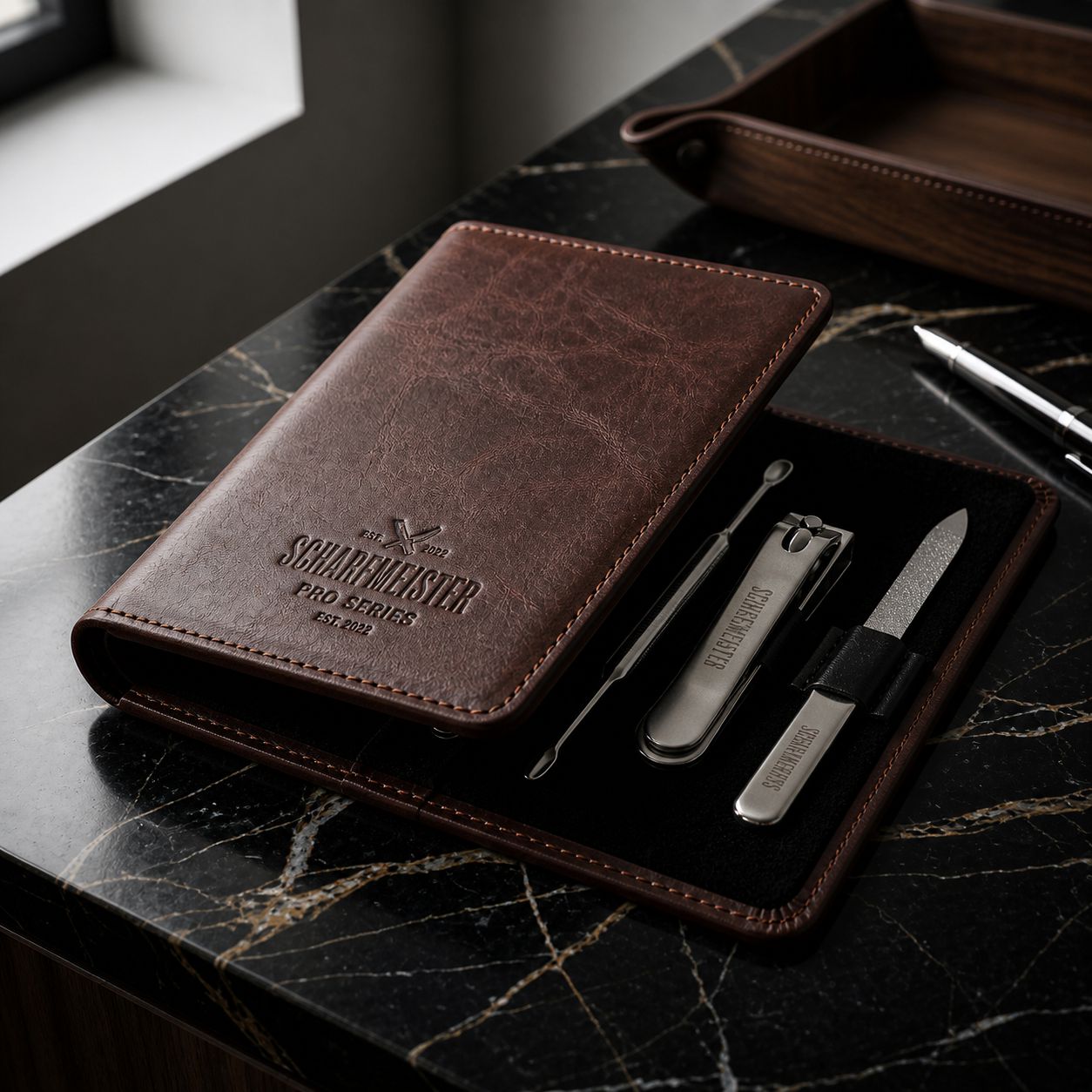 The Scharfmeister Pro Series grooming kit in a leather folio, displayed on a minimalist black marble surface in a high-end interior setting to represent durability and excellence.
