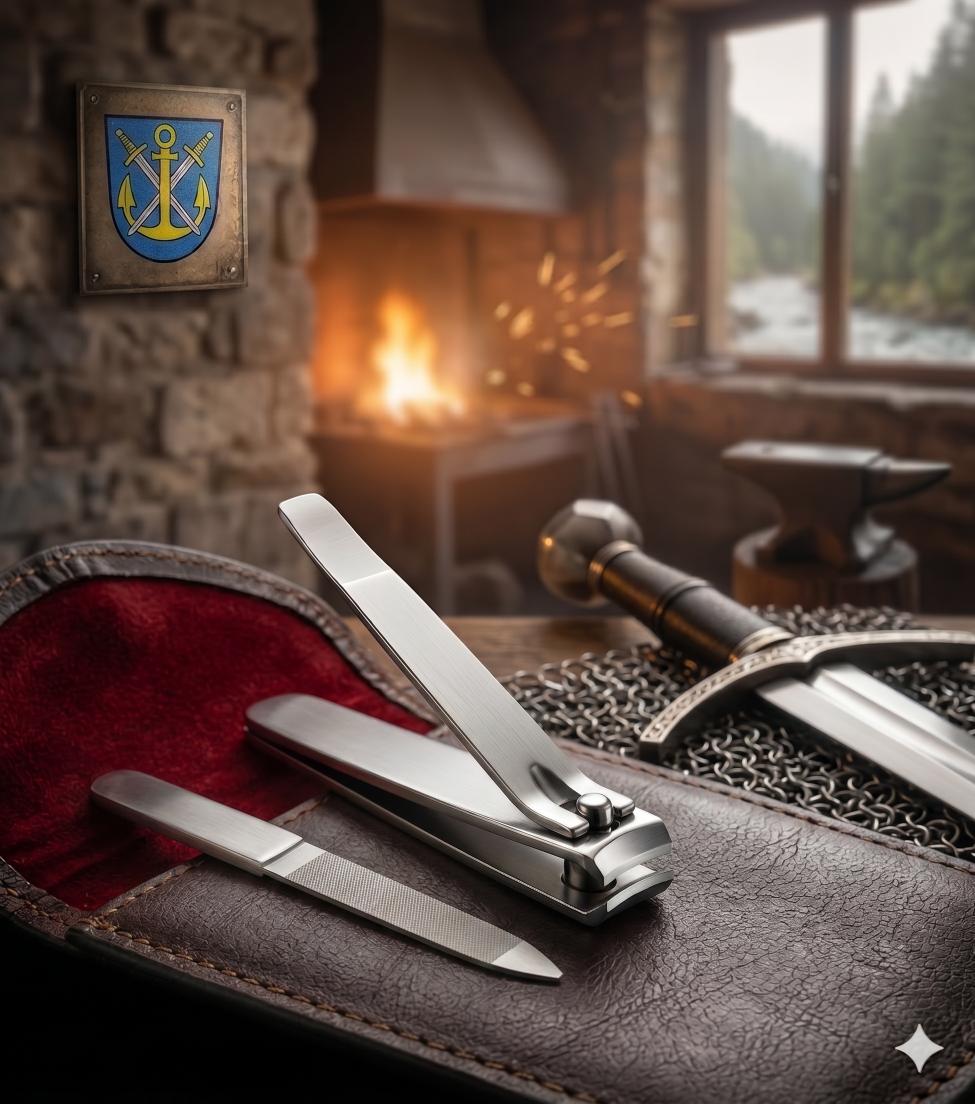 A close-up of Scharfmeister master-level manicure tools in front of a traditional blacksmith's anvil and sword, representing the 800-year metallurgical history of Solingen, Germany.