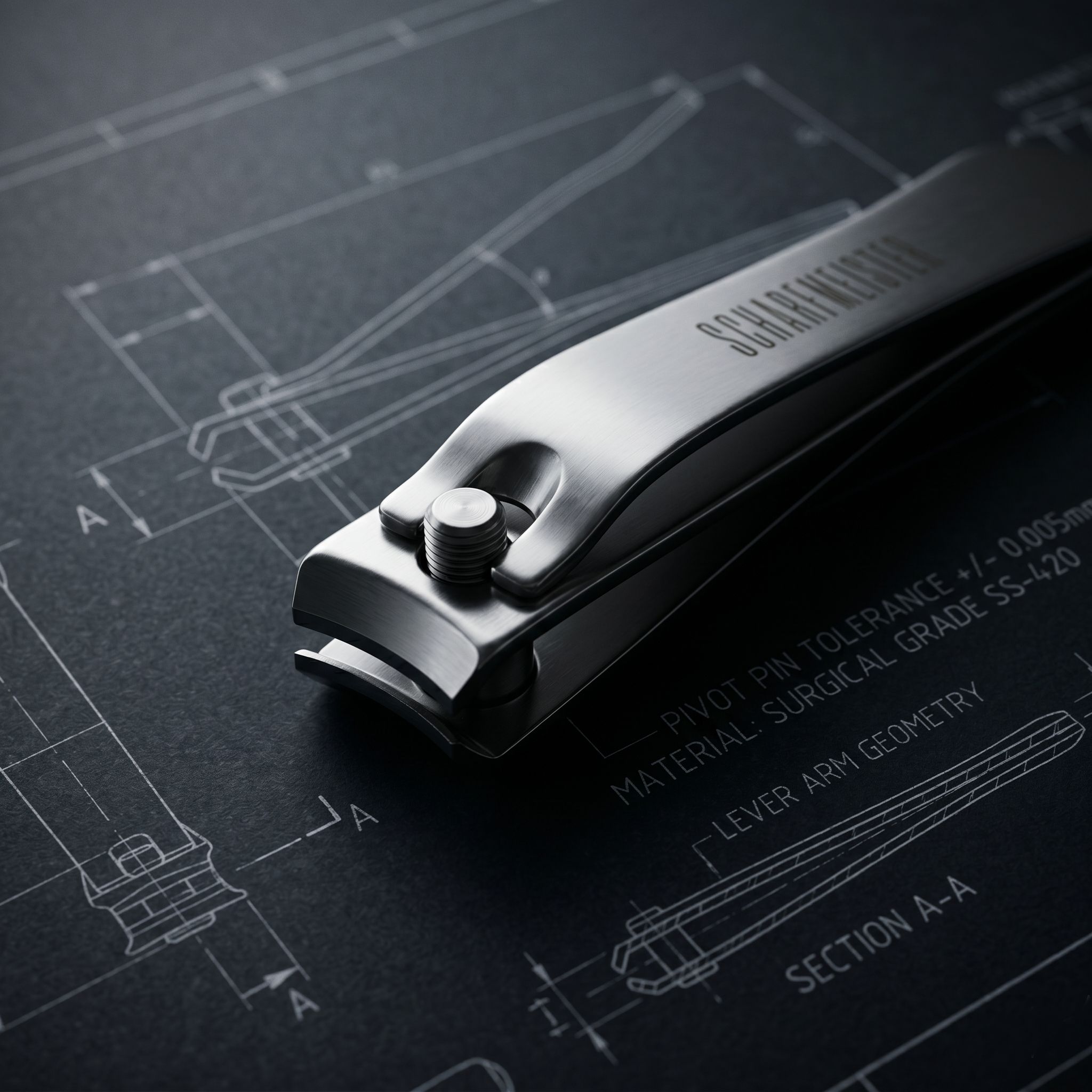 A high-precision Scharfmeister stainless steel nail clipper resting on a dark technical blueprint with white drafting lines and engineering measurements, emphasizing surgical-grade design.