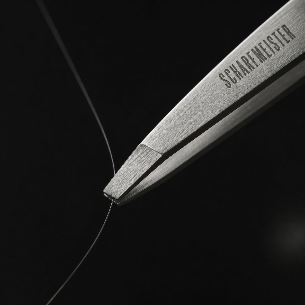 a close up image displaying Scharfmeister tweezers gripping a single hair